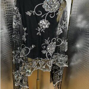 Black Sequin Shawl Wrap Sparkle Fringed Scarf Wedding Bridal Prom Dressy Formal